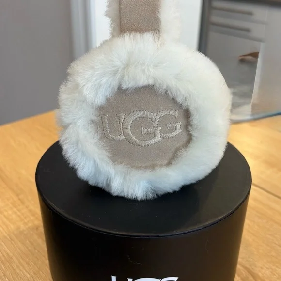 UGG Plush Shearling Over-Earmuffs in Tan and Cream - Picture 2 of 3